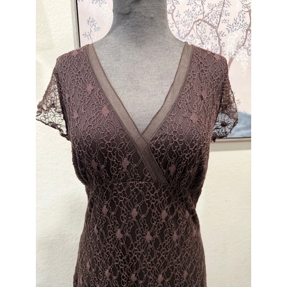 Papillon Blanc Brown Lace V-Neck Midi Dress Short Sleeve Cocktail Size L 9079 - Picture 2 of 5